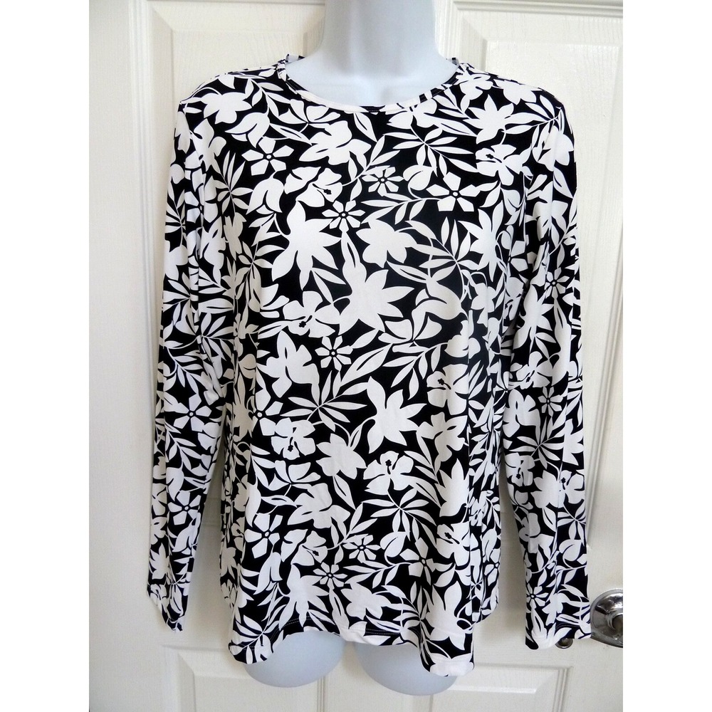 *LANDS' END Sz 10/12 Nylon Pullover Floral Top Black & White*